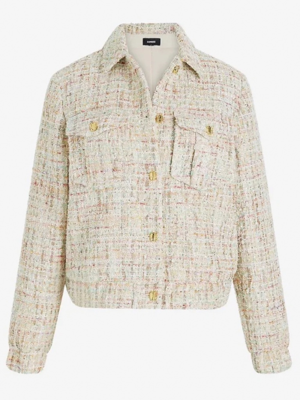 EXPRESS Sequin Tweed Novelty Button Cropped Bomber Jacket